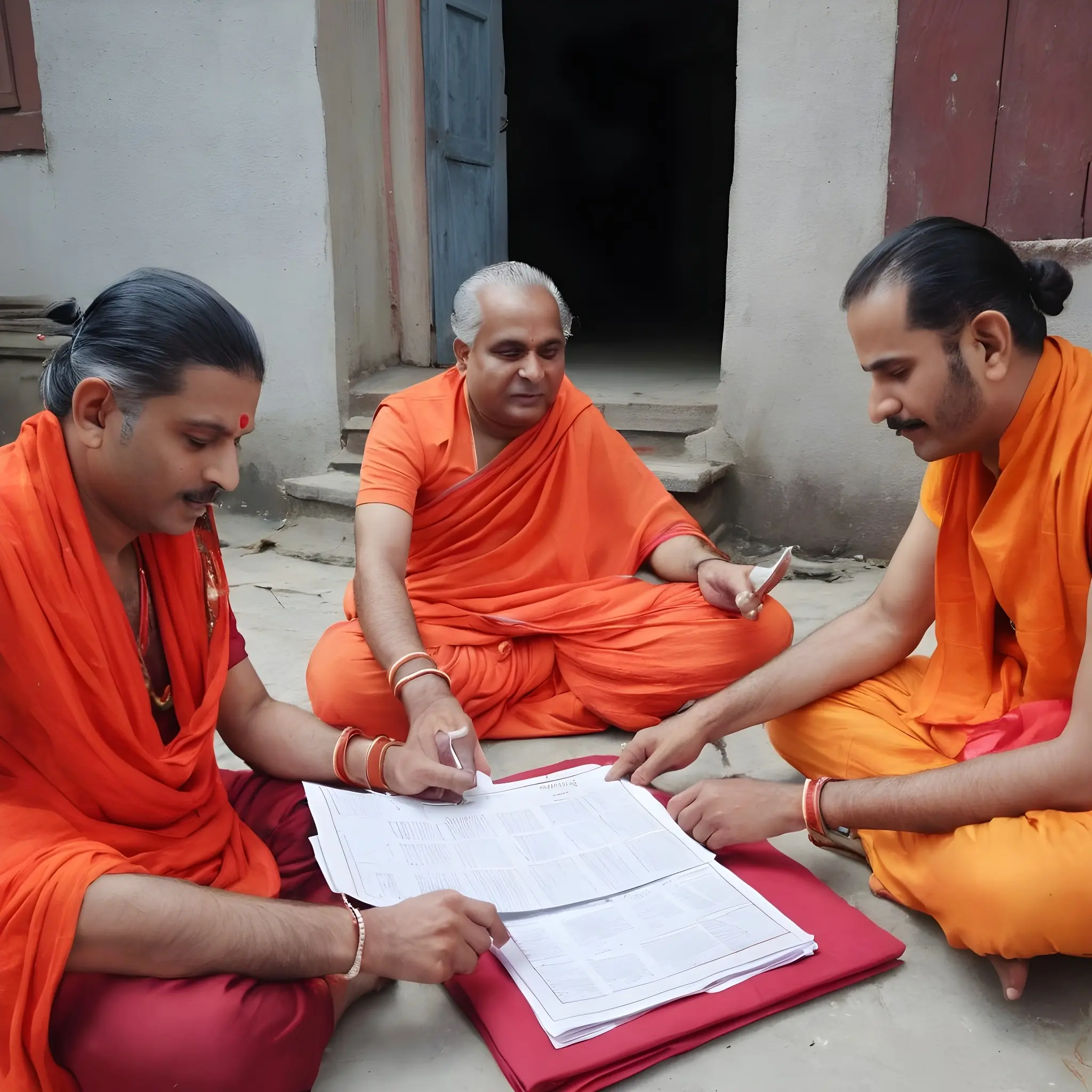 group-of-pandit-wearing-bagwa-rang-cloths-working-on-kundli-show-some-papers (1) (1)